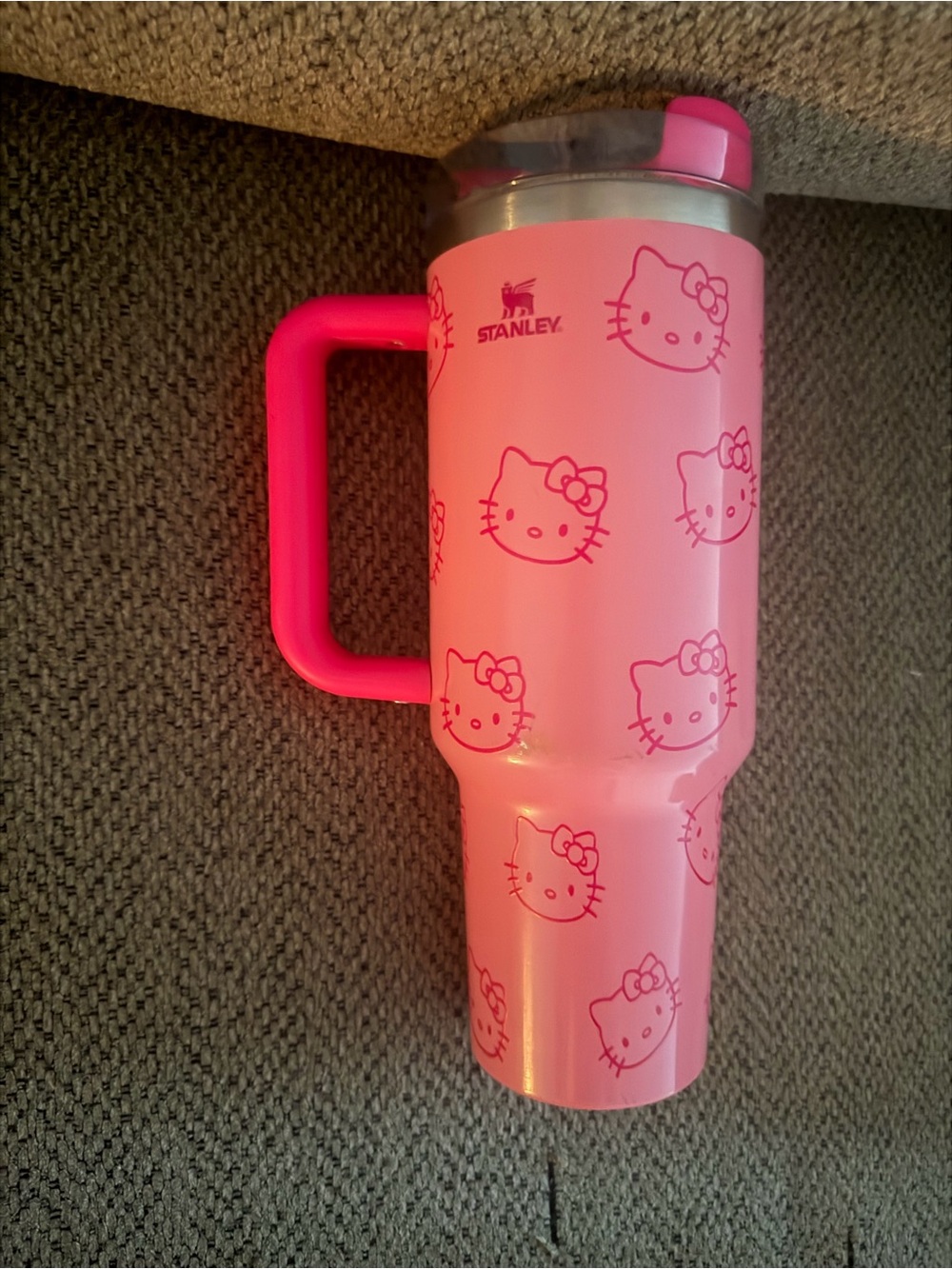 Stanley Pink Hello Kitty Patterned Travel Mug with Hot Pink Handle